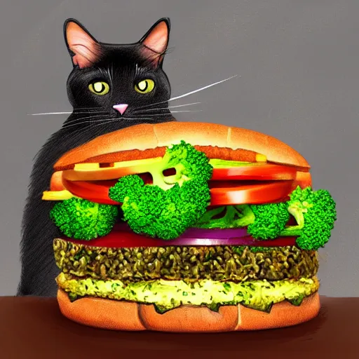 Image similar to a cat man eats a multilayer vegetarian broccoli burger, highly detailed, digital painting, sharp focus, fantasy art