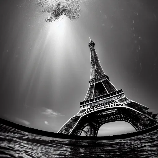 Prompt: underwater photo of the eiffel tower, dark ocean water, national geographic, submarine, gloomy, high quality photography, blurry, polluted, crisp details, sigma 1 0 - 2 0 mm, nikon 1 0 - 2 4 mm, fisheye, water particulate, low contrast