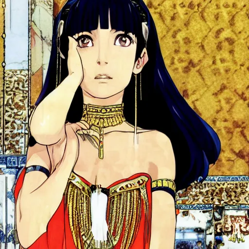 Image similar to Cleopatra of Egypt in her palace, relaxed and candid, anime portrait by Satoshi Kon and Yoji Shinkawa