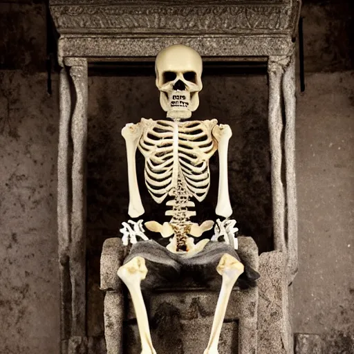 Image similar to ancient skeleton sits on a throne in an old temple with godrays, XF IQ4, 150MP, 50mm, f/1.4, ISO 200, 1/160s, natural light, Adobe Photoshop, Adobe Lightroom, DxO Photolab, Corel PaintShop Pro, rule of thirds, symmetrical balance, depth layering, polarizing filter, Sense of Depth, AI enhanced