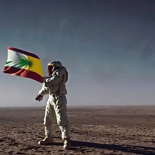 Image similar to kurdish astronaut holding a kurdistan flag in a movie directed by christopher nolan, movie still frame, promotional image, imax 7 0 mm footage