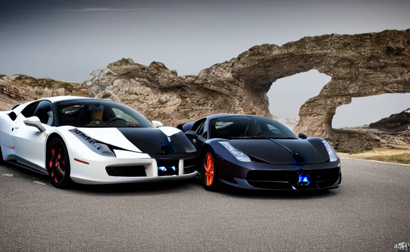 Prompt: a car with front of a Ferrari 458 and the rear of a Bugatti Veyron, photography, 8k, highly detailed,
