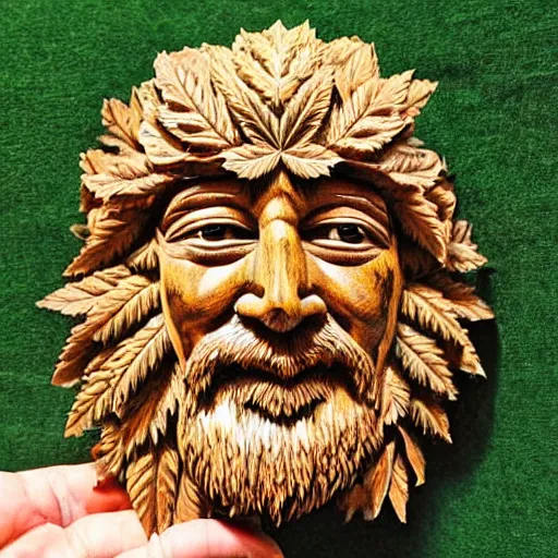 Image similar to highly detailed wood carving depicting the face of the green man, as if made of cannabis leaves
