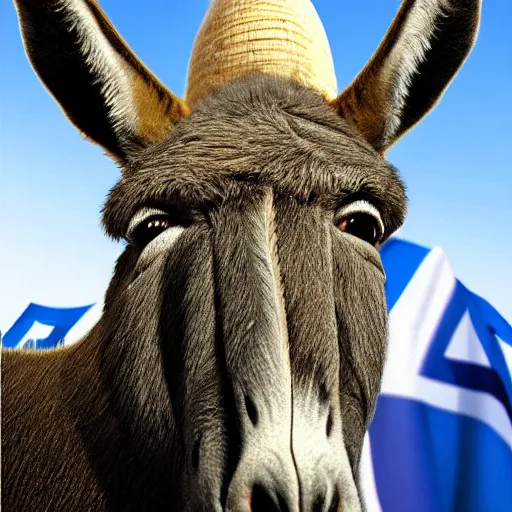 Image similar to donkey sitting on benjamin netanyahu picture, photorealistic, detailed, photograph