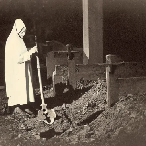 Image similar to antique photograph of an evil catholic nun digging out human bones in a graveyard, night, blurry, mysterious, horror real photo,