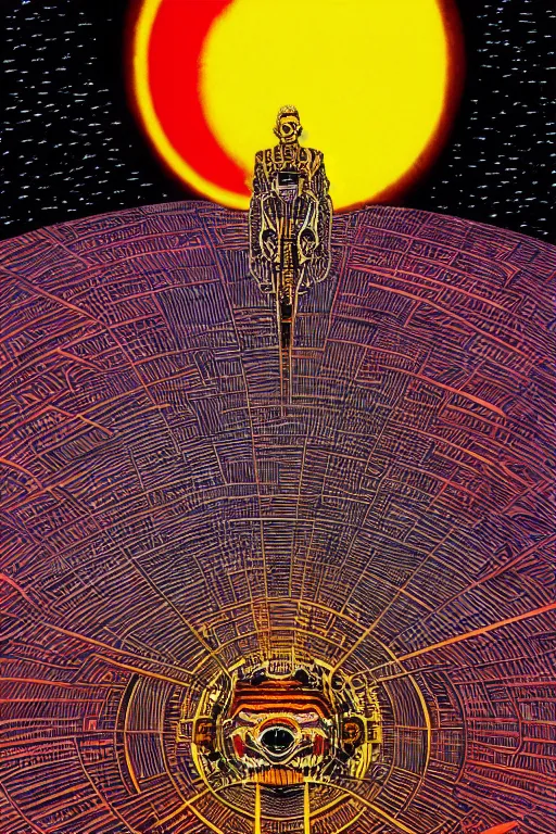 Prompt: a blazing geometric sun above a techno cyclops god, detailed, 4 k, warm colours, by stanley donwood and philippe druillet,