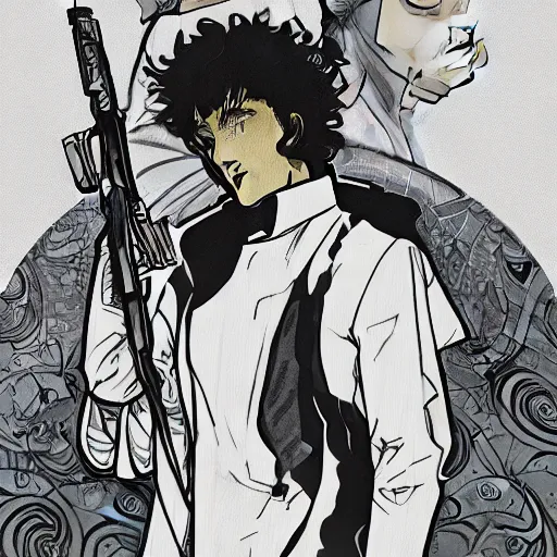 Image similar to concept art, silhouette of Spike Spiegel in front of Ganymede in the style of Alphonse Mucha and Hiroya Oku, 4k, artstation,