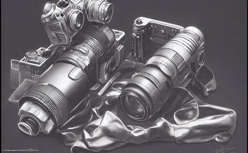 Prompt: nikon camera. by rembrant, battle angel alita, ralph mcquarrie, aluminum, 1 6 6 7