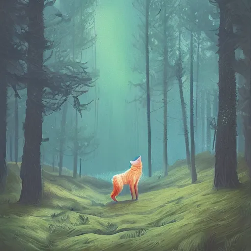 Image similar to wolf in the forest surreal photography, dark night, stars, moon light, impressionist painting, clouds, digital painting, artstation, simon stalenhag