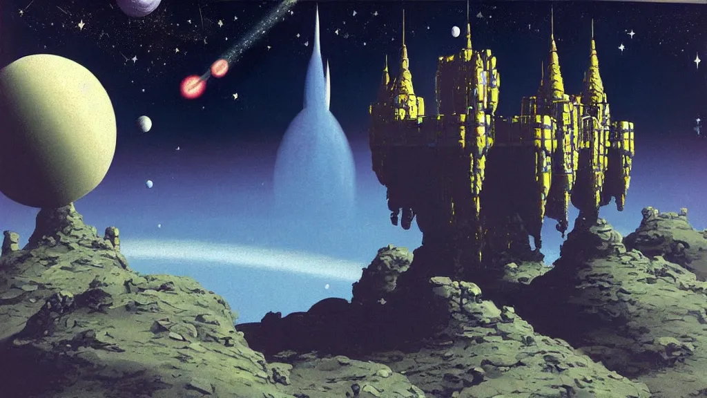 Image similar to a castle in outer space in the style of chris foss and rodger dean