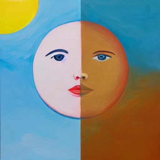 Prompt: personified sun and moon facing each other, oil on canvas