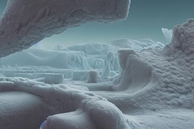 Image similar to a hd render of a surreal frozen landscape, by beeple and zdzisław beksinski