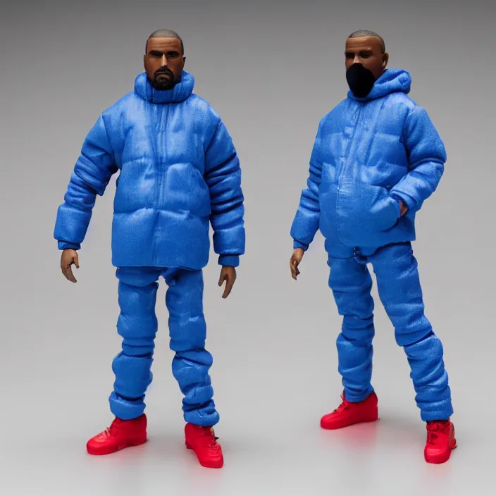 Prompt: a action figure of kanye west using full face - covering mask with small holes. a small, tight, undersized reflective bright blue round puffer jacket made of nylon. a shirt underneath. jeans pants. a pair of big rubber boots, figurine, detailed product photo, 4 k, realistic, acton figure, studio lighting, professional photo