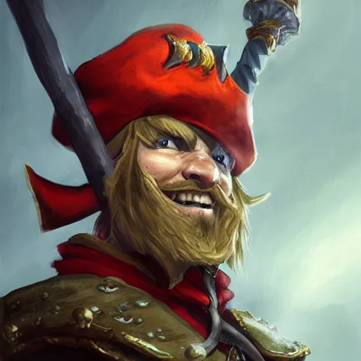 Image similar to handsome grinning ginger elf rogue, tricorne pirate captain hate, naval background, D&D, fantasy, cinematic lighting, centered, symmetrical, highly detailed, digital painting, artstation, concept art, smooth, sharp focus, illustration, volumetric lighting, epic Composition, 8k, art by Akihiko Yoshida and Greg Rutkowski and Craig Mullins, oil painting, cgsociety