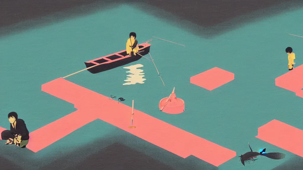 Image similar to japan fishing in odaiba, a collage painting, in the style of wes anderson, lola dupre, david hockney, isolated on negative space background dark monochrome neon spraypaint accents volumetric octane render