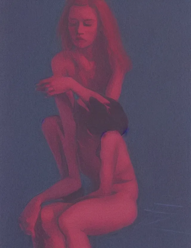 Image similar to woman sits in a dark room fool of tv screens at home, blue rays from tv, redshift, wide shot, coloured polaroid photograph, pastel, kodak film, hyper real, stunning moody cinematography, by maripol, fallen angels by wong kar - wai, style of suspiria and neon demon, david hockney, detailed, oil on canvas