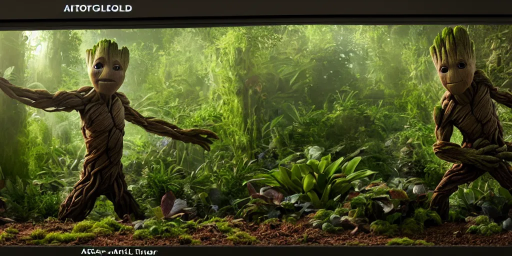 Image similar to I am groot in a woodland terrarium, Trending on artstation, award winning. Octane render, 4k, 8k, unreal 5, very detailed, hyper control-realism.