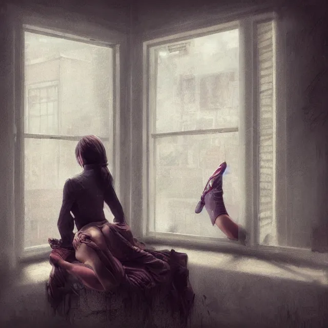 Image similar to window, woman, buildings, surprise, scared, couch by wlop, artgerm, greg rutkowski, evocative, highly detailed