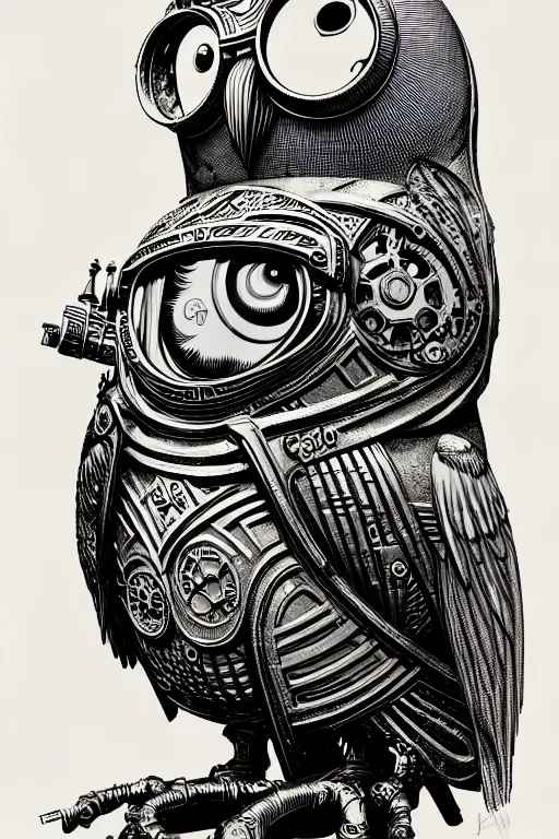 Prompt: side view of a ancient alchemist steampunk owl, high details, lineart, by vincent di fate and joe fenton,, inking, screen print, masterpiece, trending on artstation, sharp, high contrast, hyper - detailed, hd, 4 k, 8 k