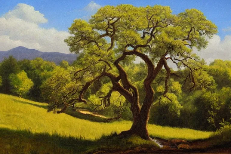 Image similar to masterpiece painting of oak trees on a hillside overlooking a creek, by marion wachtel