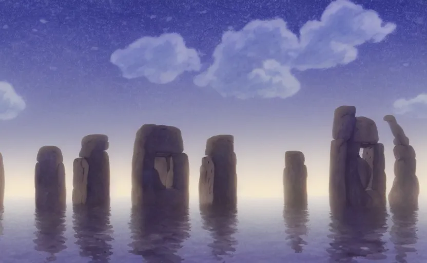 Image similar to a cell - shaded studio ghibli concept art study of a square dimensional portal doorway in a flooded monument valley stonehenge on a misty starry night. water is flowing out of the portal. very dull colors, hd, 4 k, hq