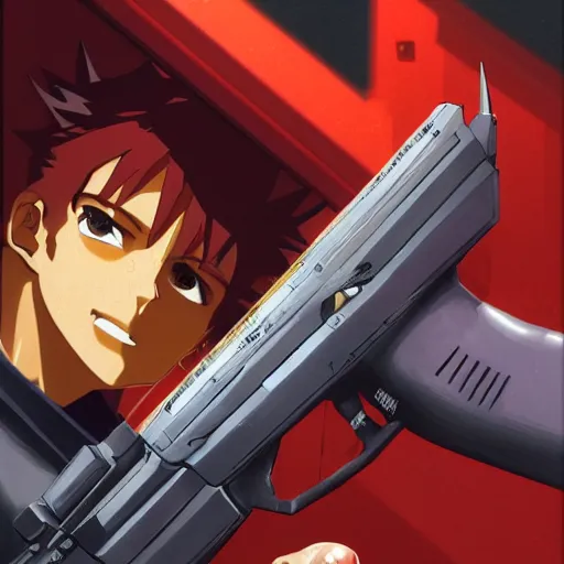 Image similar to , hyperrealistic spike from anime cowboy bebop holding two handguns looking into the distance of space, physically accurate, dynamic lighting, intricate, elegant, highly detailed, very very Roberto Ferri, sharp focus, very very unsettling, very terrifying, illustration, wideshot, spike in on top of his red spaceship and he is looking over a dystopian cyber city on Mars art