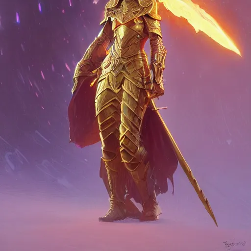 Image similar to female paladin in glowing gold armor, fire sword, D&D, fantasy, intricate, elegant, highly detailed, digital painting, artstation, concept art, matte, sharp focus, illustration, art by Greg Rutkowski and Alphonse Mucha