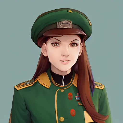 Image similar to portrait bust of young woman with long light brown hair and hazel eyes dressed in a sharp dark teal military uniform with beret, smiling, ilya kuvshinov, anime, ross tran