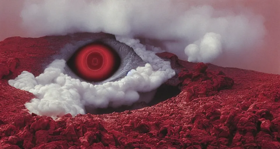 Image similar to a volcano made of ivory vines and crimson rocks enters in eruption, it spits a smoke in the shape of demonic eye, by Gottfried Helnwein