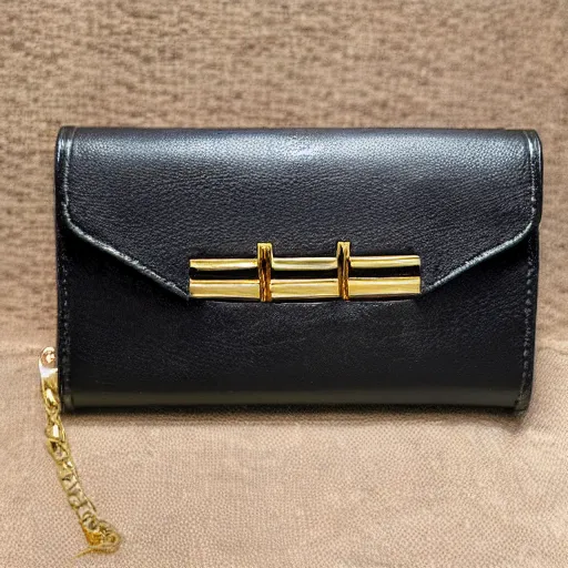 Prompt: womans black leather wallet with a gold zipper designed by claude monet