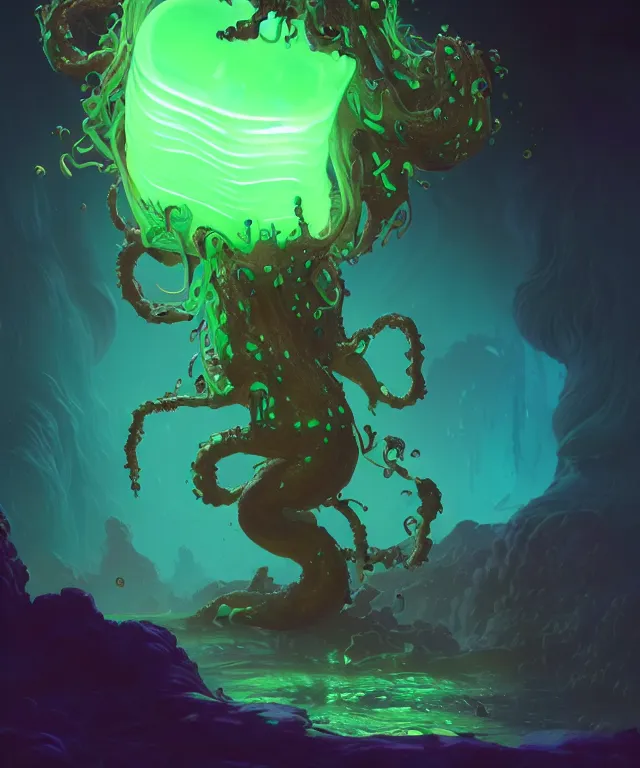 Prompt: an ooze slime creature made of bioluminescence, fantasy, elegant, crisp 8 k line work, rim light, digital painting, artstation, unreal engine, octane render, concept art, matte, sharp focus, illustration, art by james jean and justin gerard and josan gonzalez