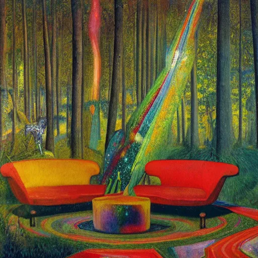 Image similar to psychedelic couch sofa in the lush pine forest, milky way, designed by arnold bocklin, jules bastien - lepage, tarsila do amaral, wayne barlowe and gustave baumann, cheval michael, trending on artstation, canada, star, sharp focus, colorful refracted sparkles and lines, soft light, 8 k 4 k