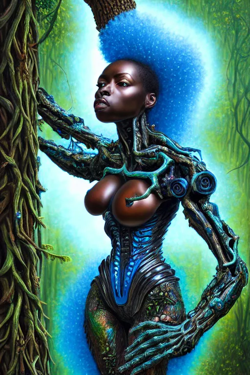 Image similar to hyperrealistic post-rococo super expressive! black woman with exoskeleton armor, merging with tree in a forest, highly detailed digital art masterpiece smooth cam de leon hannah yata dramatic pearlescent blue teal light ground angle hd 8k sharp focus