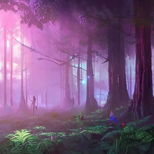 Image similar to concept art painting of a mystical alien fantasy forest, with fog and strange colorful plants, realistic, detailed, cel shaded, magenta and blue and green, in the style of makoto shinkai and greg rutkowski and james gurney