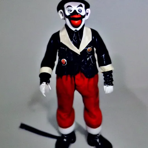 Image similar to adolf hitler clown action figure, well lit, studio light, painted action figure, toy advertisement, toy package