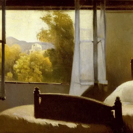 Image similar to the sunlight rays of golden hour shine upon a peaceful bedroom. still life., by camille corot