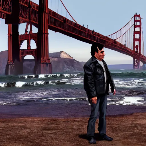 Image similar to full - frame of tony shalhoub, wearing a brown leather - jacket, as a character from gtav, looking at camera, intricate, extremely detailed, in the background golden gate bridge, concept art, artstation