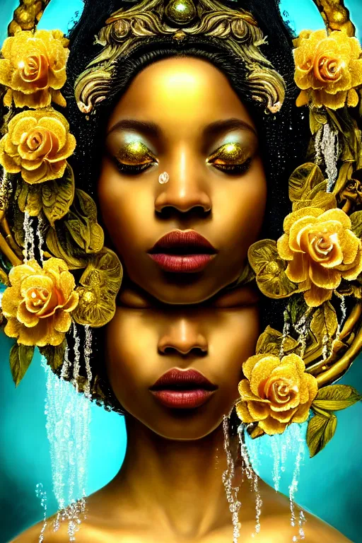 Image similar to hyperrealistic neo - rococo cinematic very expressive! black oshun goddess, open eyes, body in water, mirror dripping droplet!, gold flowers, highly detailed face, digital art masterpiece, smooth eric zener cam de leon dramatic pearlescent teal light, ground angle uhd 8 k, sharp focus