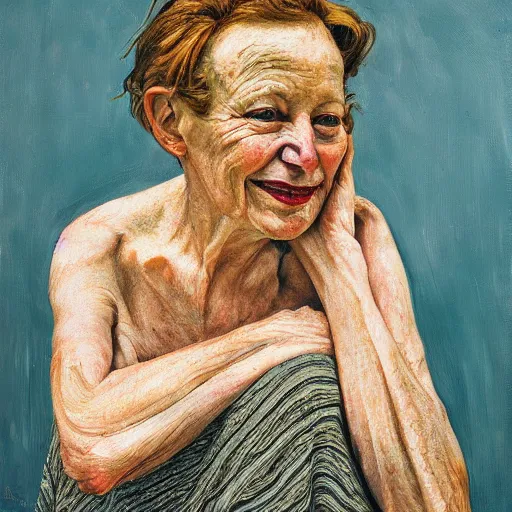 Image similar to high quality high detail painting by lucian freud, hd, portrait of smiling sad woman, photorealistic lighting