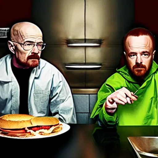 Image similar to walter white and jesse pinkman eating hamburger