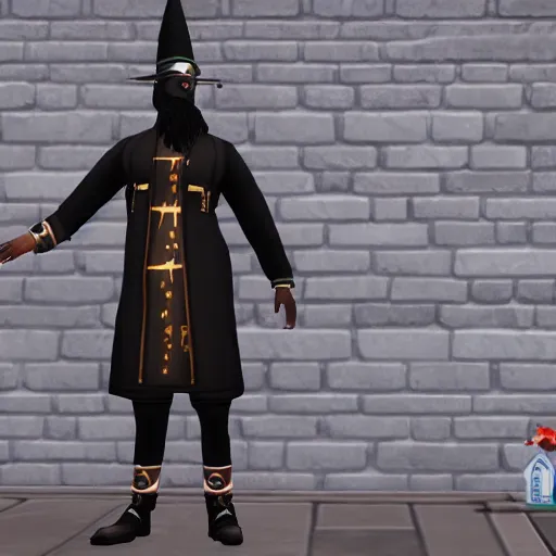 Image similar to an anthropomorphic black goat wizard in the sims 4, screenshot