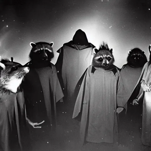 Image similar to 1 9 8 0's award winning sci - fi movie still, a group of raccoons wearing dark cult robes look towards the camera in surprise and anger as they perform a dark occult evil ceremony inside the secret lair of an underground mystery cult, dramatic candlelight, pentagrams, ultra - detailed, photorealistic, 4 k