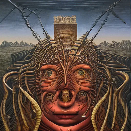 Image similar to monalisa by jacek yerka, alex gray, zdzisław beksiński, dariusz zawadzki, jeffrey smith and h.r. giger, oil on canvas, 8k highly professionally detailed, trending on artstation