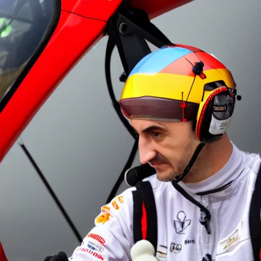 Image similar to Robert Kubica in a colorful helicopter hat with a little rotor on top