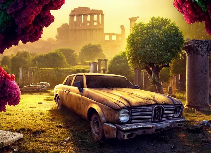 Image similar to a tree growing on a scrap car in ancient greek ruins, gray wasteland, many scrap cars, overgrown, pillars and arches, colorful flowers, vines, hyperrealistic, highly detailed, cinematic, ray of golden sunlight, beautiful, cgsociety, artstation, 8 k, pixar style by tristan eaton, artgerm, tom bagshaw