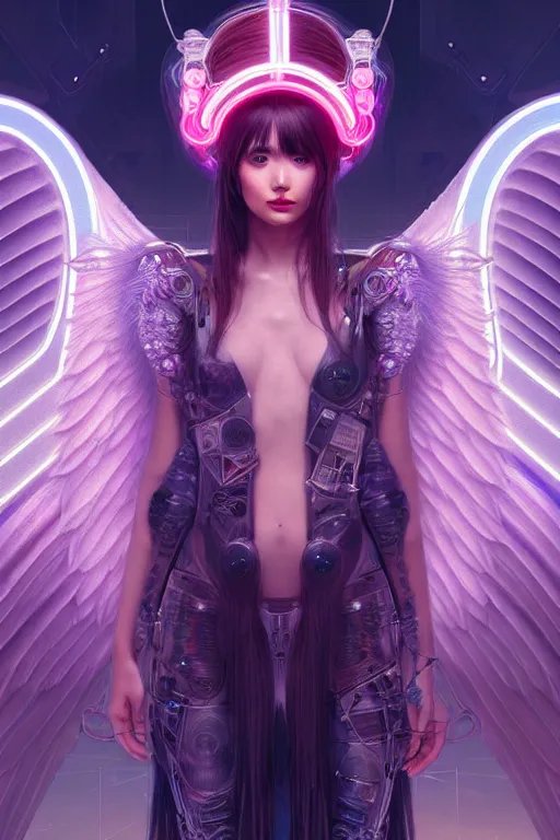 Image similar to portrait futuristic angel Girl with halos and wings and feathers and armor, in future cyberpunk tokyo rooftop , ssci-fi, fantasy, intricate, very very beautiful, elegant, human anatomy, human structure, neon light, highly detailed, digital painting, artstation, concept art, smooth, sharp focus, illustration, art by tian zi and WLOP and alphonse mucha