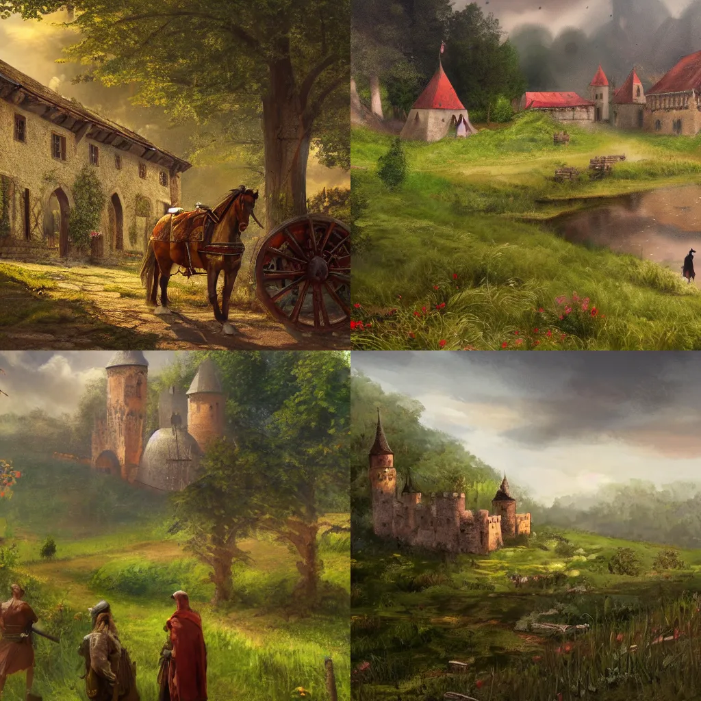 Prompt: high quality concept art from a historical fiction video game set in bohemia, medieval village in a meadow near a castle during a light rainstorm, 4K HD, oil painting