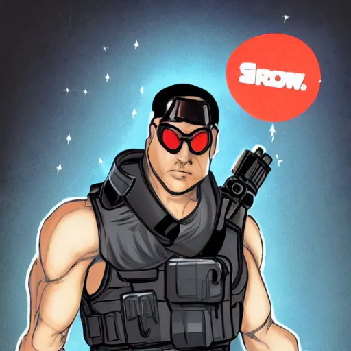 Image similar to muscular man, black vest with no shirt underneath, goggles around his neck, cargo pants, ammo belt, holding a blaster, star wars, long black hair in a ponytail, five o' clock shadow, comic book art, distance shot