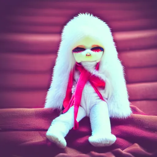 Prompt: lomography long shot of cute plush fluffy chthonic doll monster made to look like a baby, bokeh background