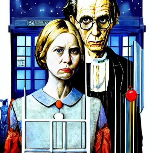 Image similar to American Gothic, with Doctor Who and the TARDIS, by MARVEL comics and Sandra Chevrier, 8k